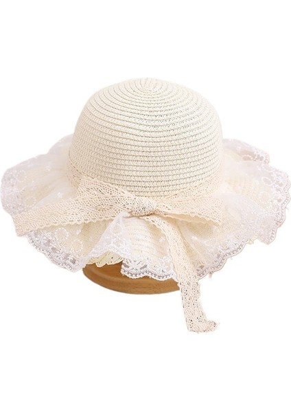 Kızlar Için Yeni Stil Çocuk Hasır Şapka Yaz Büyük Siperlik Dantel Kenar Hasır Dokuma Nefes Alabilen Kurdele Fiyonk Güneş Şapkası (Yurt Dışından)
