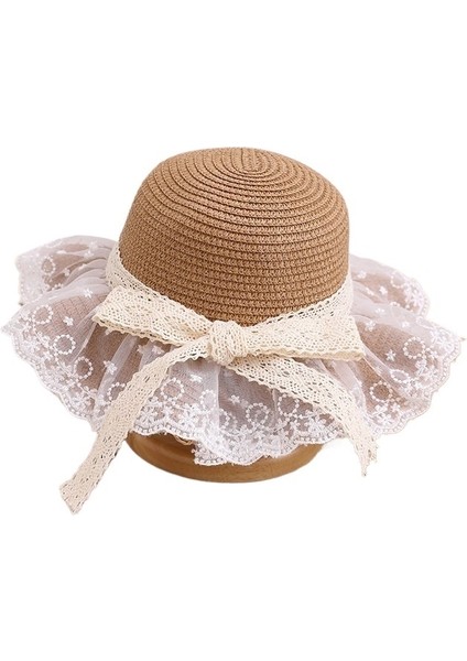 Kızlar Için Yeni Stil Çocuk Hasır Şapka Yaz Büyük Siperlik Dantel Kenar Hasır Dokuma Nefes Alabilen Kurdele Fiyonk Güneş Şapkası (Yurt Dışından)
