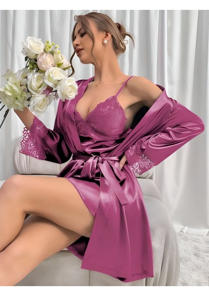 Saten Dantel Detaylı 2'li Şık Gecelik Sabahlık Takımı – Mor