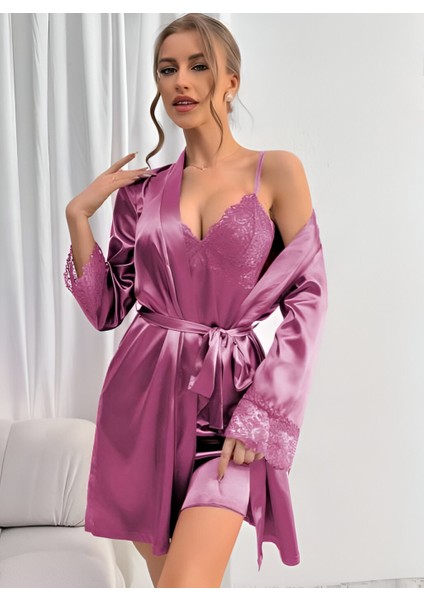 Saten Dantel Detaylı 2'li Şık Gecelik Sabahlık Takımı – Mor fiyatları