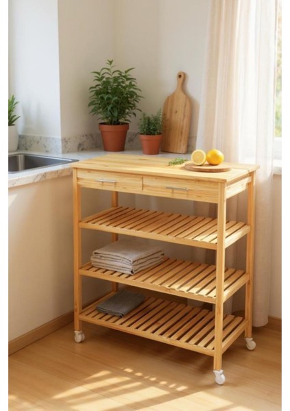 Bambu 2 Çekmeceli Tekerlekli Bango Ada Mutfak Servis Arabası DB-0021
