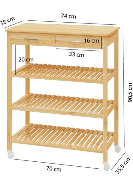 Bambu 2 Çekmeceli Tekerlekli Bango Ada Mutfak Servis Arabası DB-0021