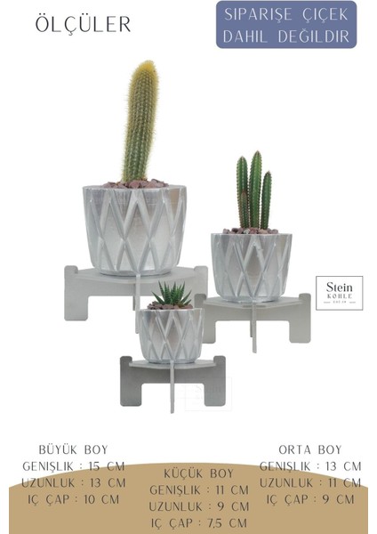 Çiçek Saksısı Büyük Boy 3 Adet Gümüş Renk Uygulamalı Baklava Model