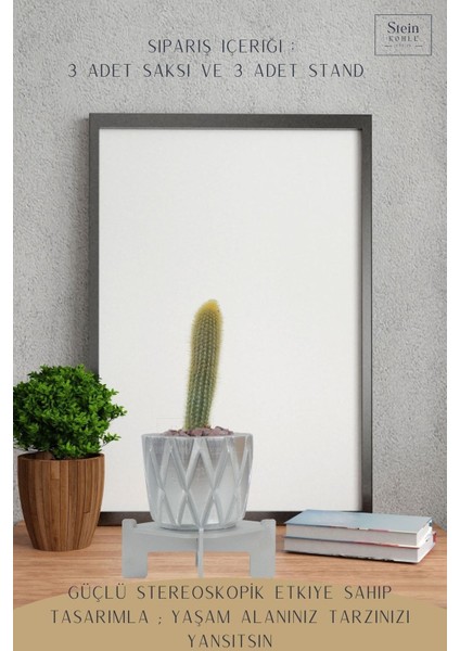 Çiçek Saksısı Büyük Boy 3 Adet Gümüş Renk Uygulamalı Baklava Model