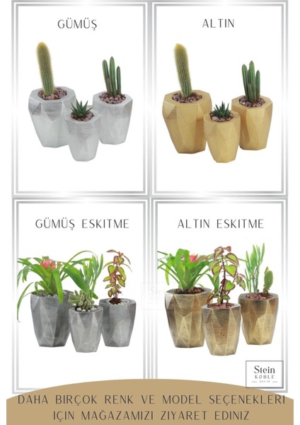 Ayaklı Saksı Ahşap Büyük Boy 3 Adet Gümüş Renk Uygulamalı Uzun Poly Model