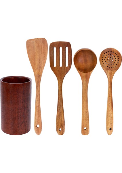 Ahşap Sofra Takımı, Standa ile Tik Mutfak Pişirme Sofra Seti, Yapışmaz Tencere, Ahşap Kürek Kaşığı 5 Adet Yemek Pişirme Için Uygun (Yurt Dışından)