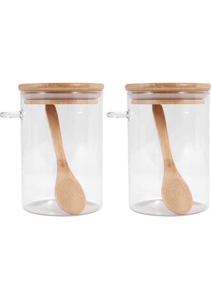2pcs Bambu Kapaklı Şeker Kasesi ve Mutfak Stora Için Kaşık Temiz Cam Teneke Kutu Kavanoz (Yurt Dışından)