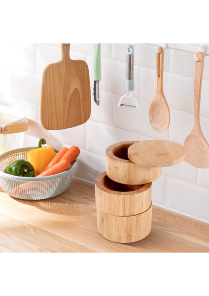 Bambu Üçlü Tuz Kutusu, Ahşap Kutu, Manyetik Döner Kapaklı Tuz Veya Baharat Için 3 Tılderli Yuvarlak Bambu Kutusu (Yurt Dışından) fiyatları