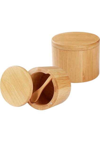Bambu Tuz Çalkalayıcı, 2 Adet Yerleşik Kaşıkla Tuz Kutusu, Döner Kapaklı Tuz Kasesi, Baharat Depolama Için Kavanozu Koruyan (Yurt Dışından)