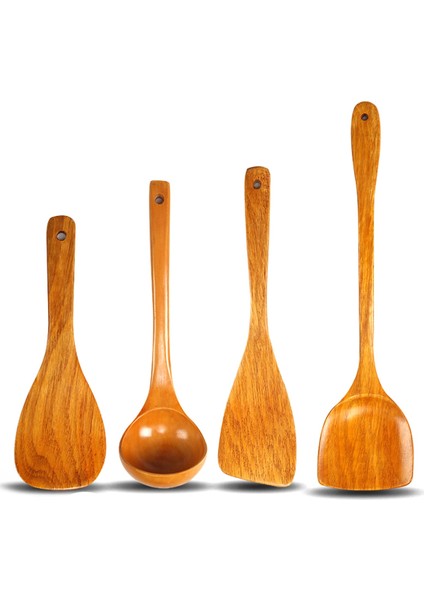 4pcs Ahşap Mutfak Eşyaları Boya Yok Yapışmaz Tencere Masif Ahşap Kürek Seti Saf Tik Masif Ahşap Uzun Sap Kürek Aracı (Yurt Dışından)