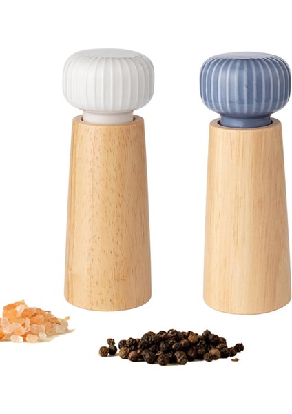 2pcs Seramik Kapak Seti, Ayarlanabilir Kaba Değirmenler, Doldurulabilir Tuz ve Karabiber (Mavi+Beyaz) ile Ahşap Tuz ve Karabiber Değirmeni (Yurt Dışından)