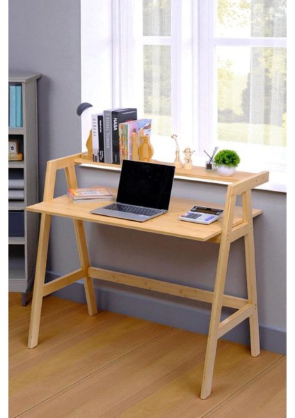 Bambu Masif Çalışma Masası 1 Raflı Kitaplıklı Ofis Bilgisayar Masası DB-0030