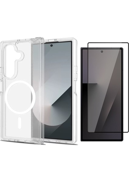 Samsung Galaxy Z Fold 7 Kılıf M-safe Şarj Özellikli Şeffaf Sert PC Zore Embos Kapak + Cam Ekran Koruyucu