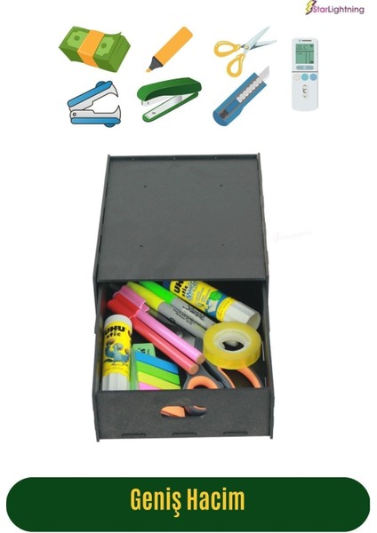 Gizli Çekmece Organizer Masa Altı Saklama Kabı Büyük Boy Dikey Demonte Mdf Siyah Renk