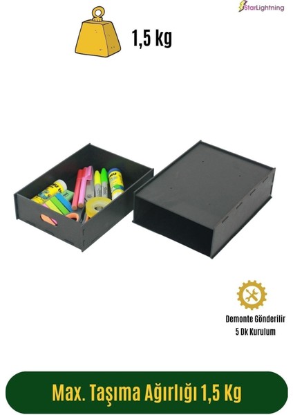 Gizli Çekmece Organizer Masa Altı Saklama Kabı Büyük Boy Dikey Demonte Mdf Siyah Renk