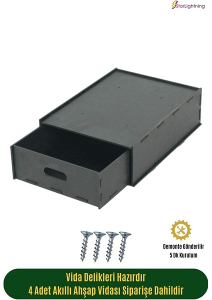 Gizli Çekmece Organizer Masa Altı Saklama Kabı Büyük Boy Dikey Demonte Mdf Siyah Renk