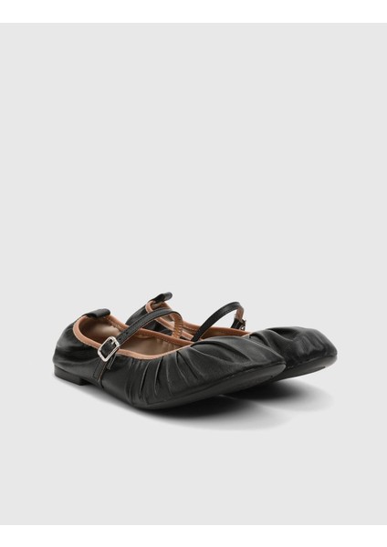 Stragier Hakiki Deri Kadın Siyah Babet