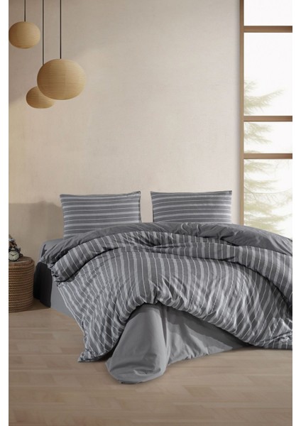 Lastikli Saten Çizgili Çift Kişilik Nevresim Takım - Antrasit