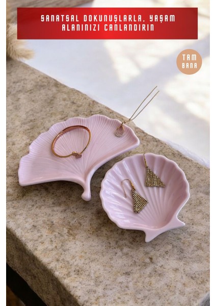 Pembe Sunumluk Takı Tabağı Dekoratif Tepsi Obje Seti 2 Parça Model 1003