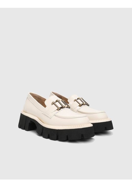 Anto Hakiki Rugan Deri Kadın Bej Loafer Ayakkabı