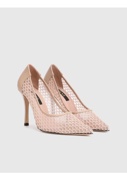 Gkri Hakiki Deri File Bej Kadın Topuklu Ayakkabı