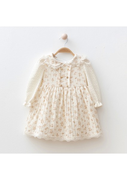 Kolları Dantelli Çiçekli Kız Bebe Elbise