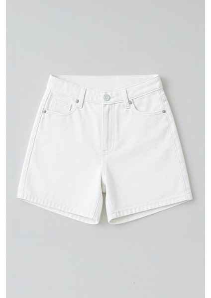 Kadın Yüksek Bel %100 Pamuk Ekru Jean Şort