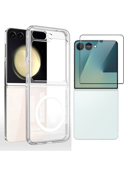 Galaxy Z Flip 7 Kılıf M-Safe Şarj Özellikli Şeffaf Sert Pc Zore Embos Kapak + Cam Ekran Koruyucu
