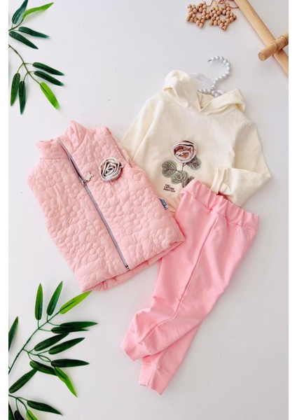 Gül Detaylı Şişme Yelekli Kız Bebe 3 lü takım - Pembe