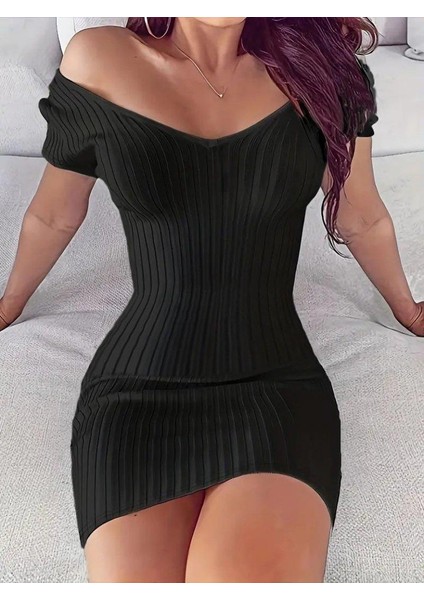 Kadın Kısa Kollu V Yaka Geniş Fitilli Mini Triko Elbise