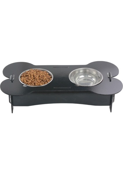 Mama Su Kabı Paslanmaz Çelik Taslı 2'li Ahşap Kedi ve Köpek Suluk Kemik Model