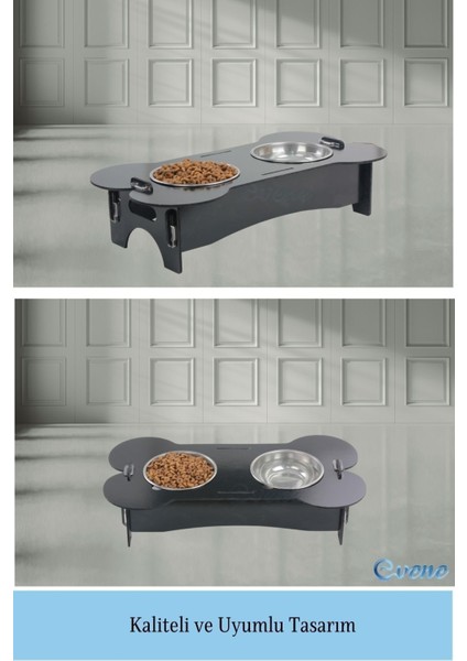 Mama Su Kabı Paslanmaz Çelik Taslı 2'li Ahşap Kedi ve Köpek Suluk Kemik Model