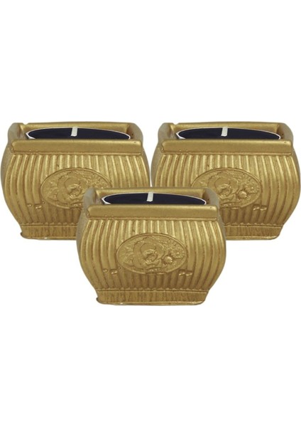 Şamdan Dekoratif Mumluk Altın Şamdan Set 3 Lü (Üçlü) Tealight Uyumlu Çizgili Çiçek Model