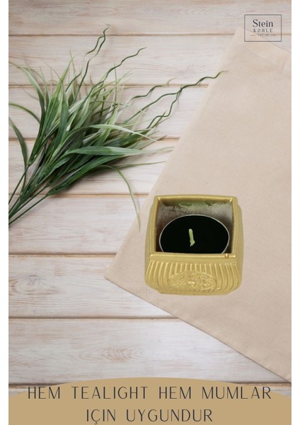 Şamdan Dekoratif Mumluk Altın Şamdan Set 3 Lü (Üçlü) Tealight Uyumlu Çizgili Çiçek Model