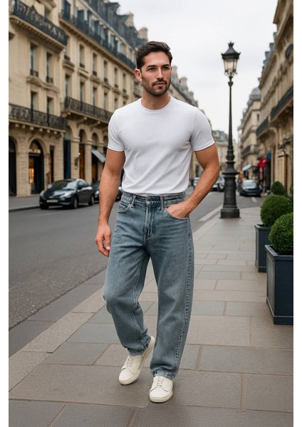 Erkek Skater Fit Jean Pantolon Buz Mavisi