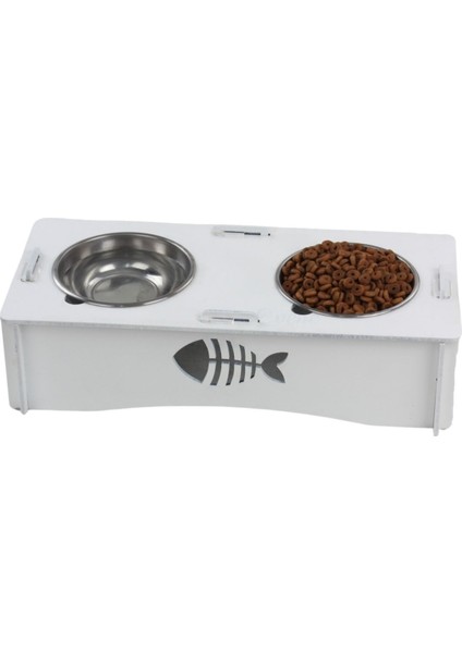 Mama Su Kabı Paslanmaz Çelik Taslı 2'li Ahşap Kedi ve Köpek Suluk Balıklı Model