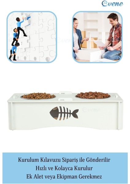 Mama Su Kabı Paslanmaz Çelik Taslı 2'li Ahşap Kedi ve Köpek Suluk Balıklı Model