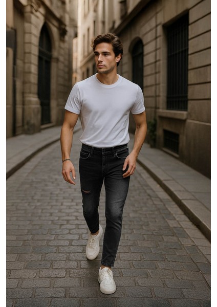 Erkek Slim Fit Yırtık Detay Antrasit Jean Pantolon