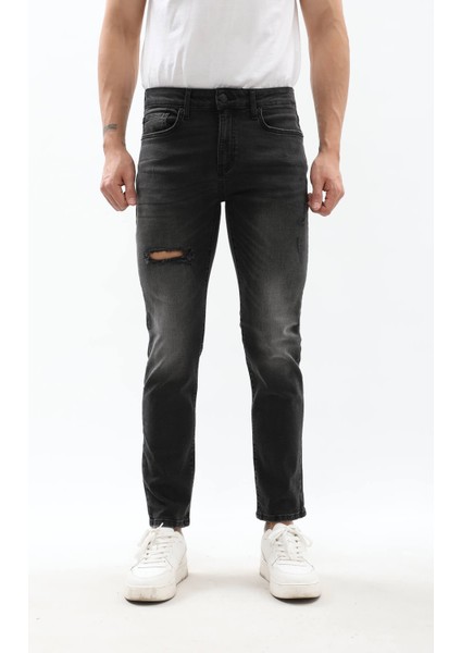 Erkek Slim Fit Yırtık Detay Antrasit Jean Pantolon