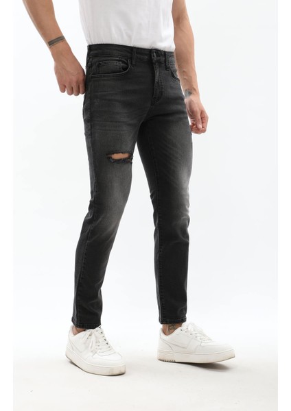 Erkek Slim Fit Yırtık Detay Antrasit Jean Pantolon