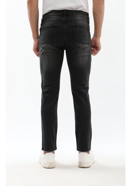 Erkek Slim Fit Yırtık Detay Antrasit Jean Pantolon