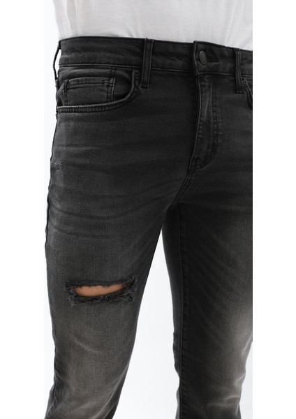 Erkek Slim Fit Yırtık Detay Antrasit Jean Pantolon