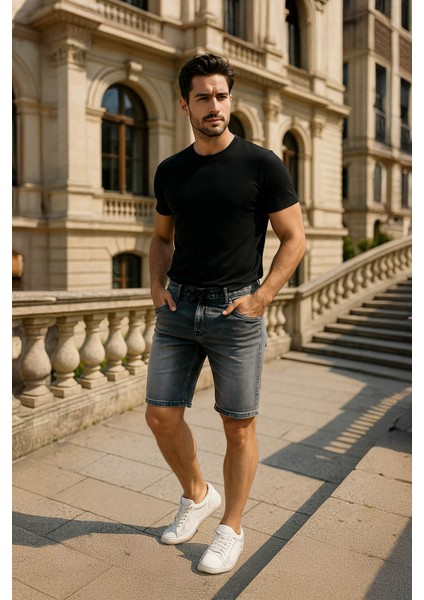 Erkek Likralı Bağcıklı Jean Şort