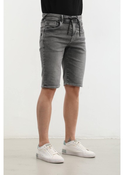 Erkek Likralı Bağcıklı Jean Şort