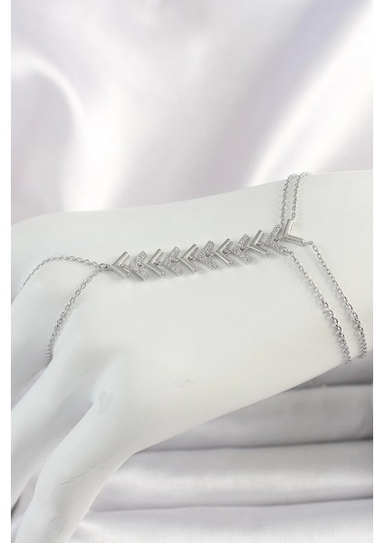 Pirinç Gümüş Renk Zirkon Taşlı V Model Kadın Şahmeran