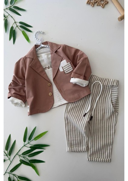 Spor Müslin Düğmeli Ceketli 3 lü takım - Vizon