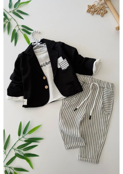 Spor Müslin Düğmeli Ceketli 3 lü takım - Siyah