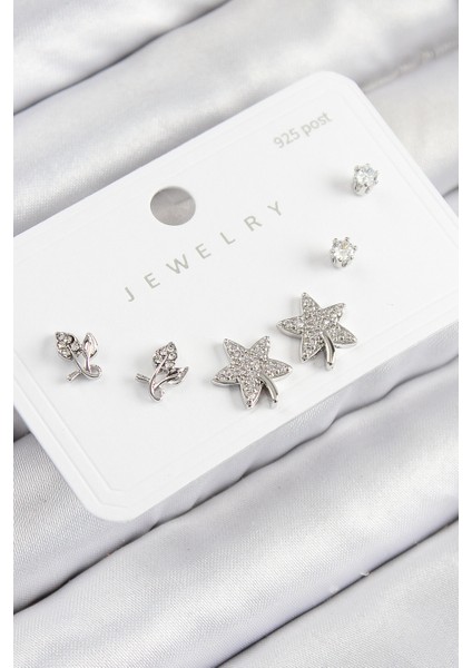 Erb Pirinç Zirkon Taşlı Yıldız ve Gül Model Gümüş Renk 925 Ayar Gümüş Çivi Kadın Küpe Set