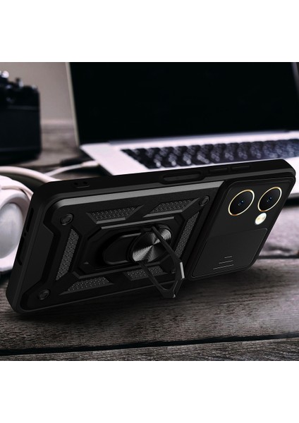 Vivo Y18 Kılıf Magnetik Standlı Kamera Korumalı Zore Sürgülü Vega Kapak - Siyah