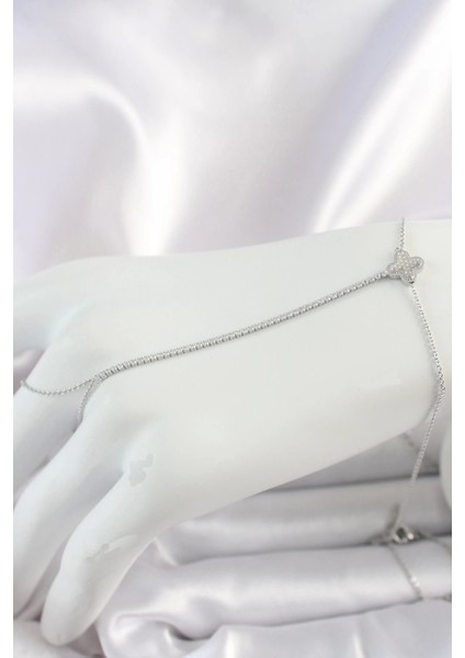 Pirinç Gümüş Renk Su Yolu Zirkon Taşlı Işlemeli Yonca Model Kadın Şahmeran